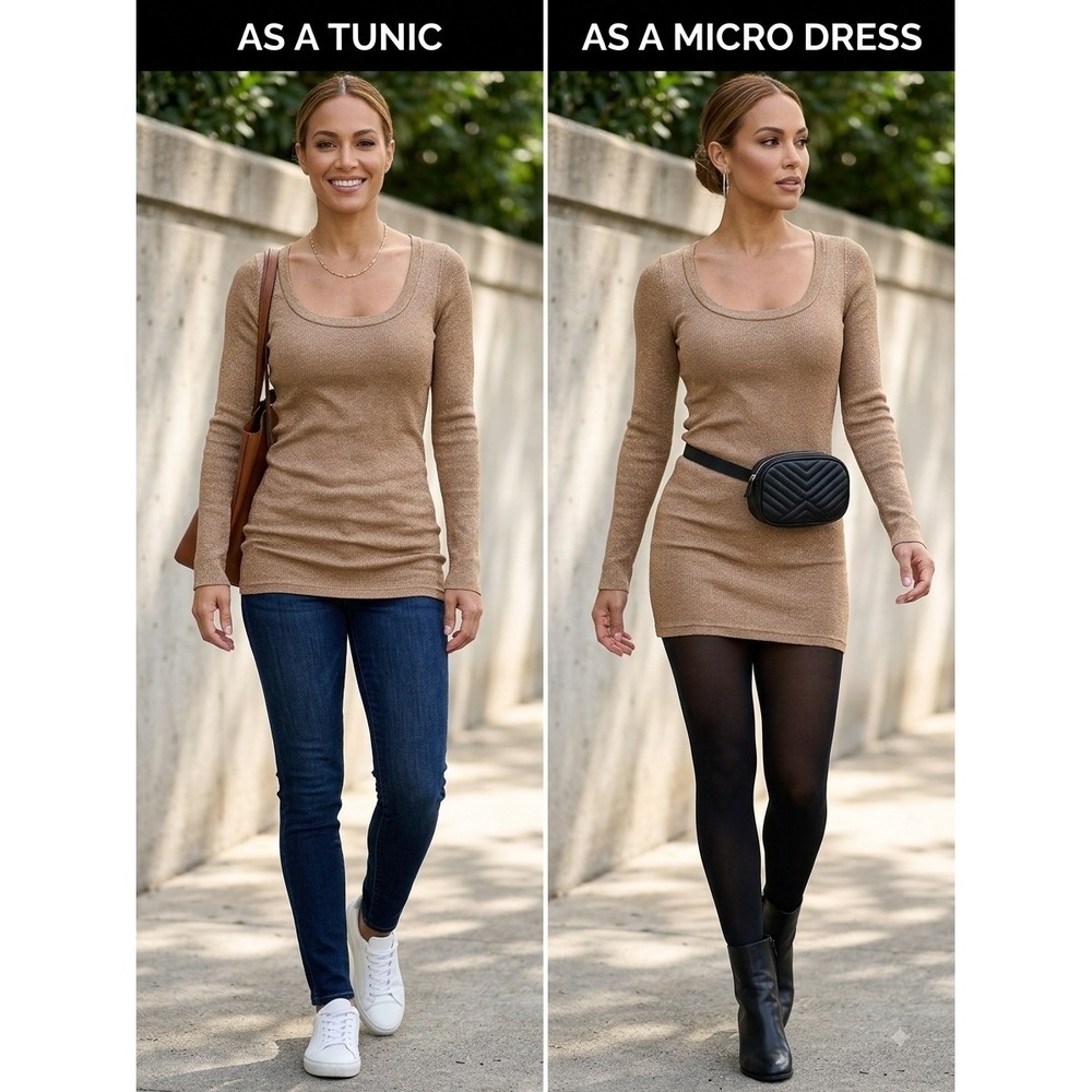 Michael Stars Gold Metallic Ribbed Scoop Neck Tunic Micro Dress Tunic OSFM